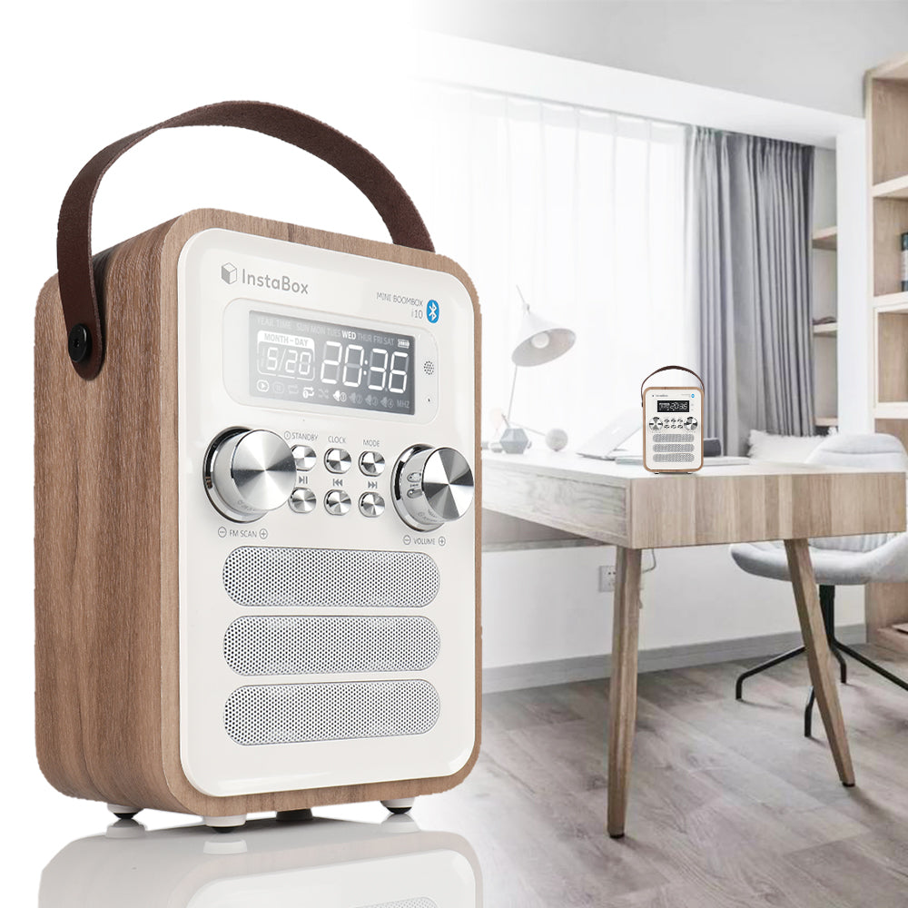 InstaBox i10 Wooden FM Clock Radio & Bluetooth Speaker - Radioddity