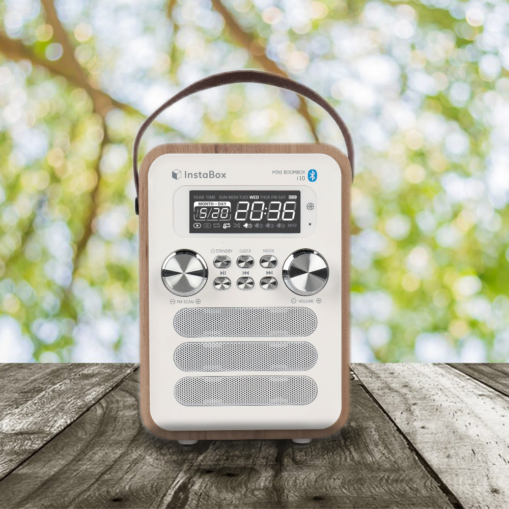 InstaBox i10 Wooden FM Clock Radio & Bluetooth Speaker - Radioddity