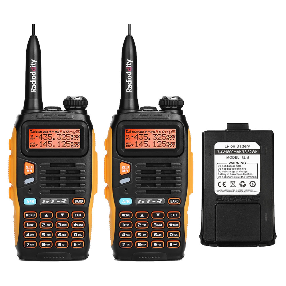 Baofeng GT-3 Mark II [2 Pack + Battery] | Dual Band | 5W | Better Antenna | VOX | Flashlight - Radioddity