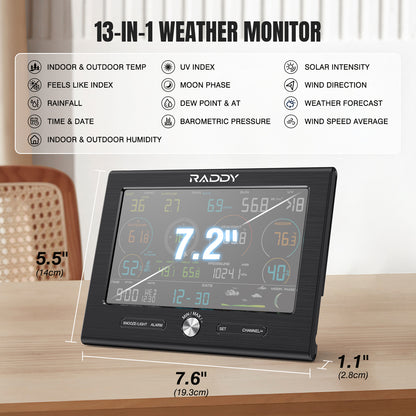 Raddy L7 LoRa Weather Station | Wi-Fi Indoor/Outdoor | 1.9 Miles | 7.2" Display | Rain Gauge | Thermometer | Humidity Sensor - Radioddity