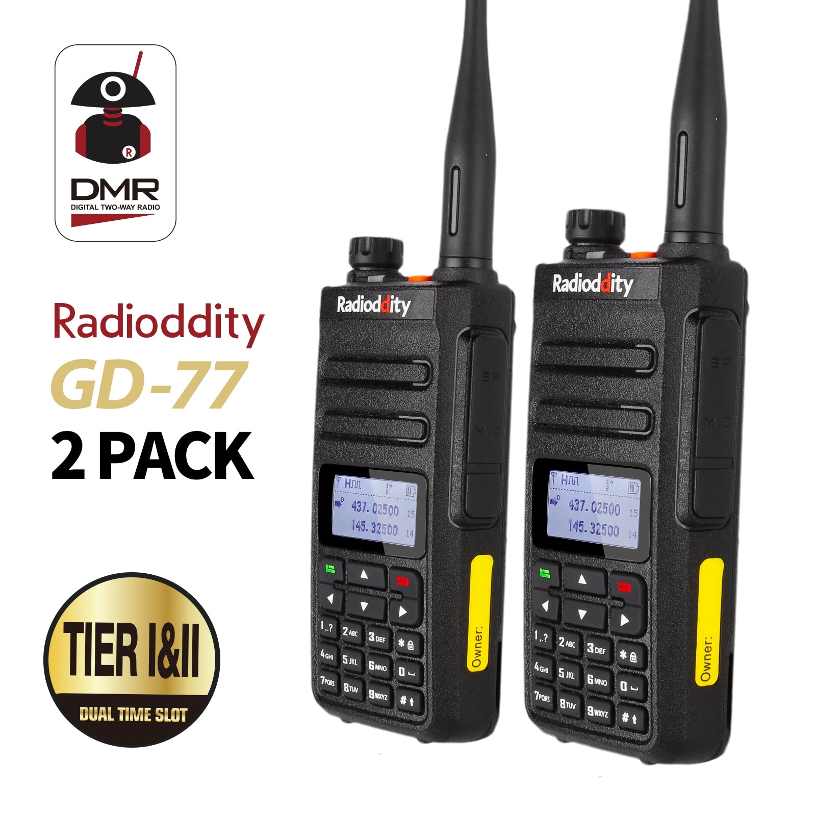 GD-77 DMR Dual Band Dual Time Slot Two Way Radio + Cable [2 Pack] - Radioddity