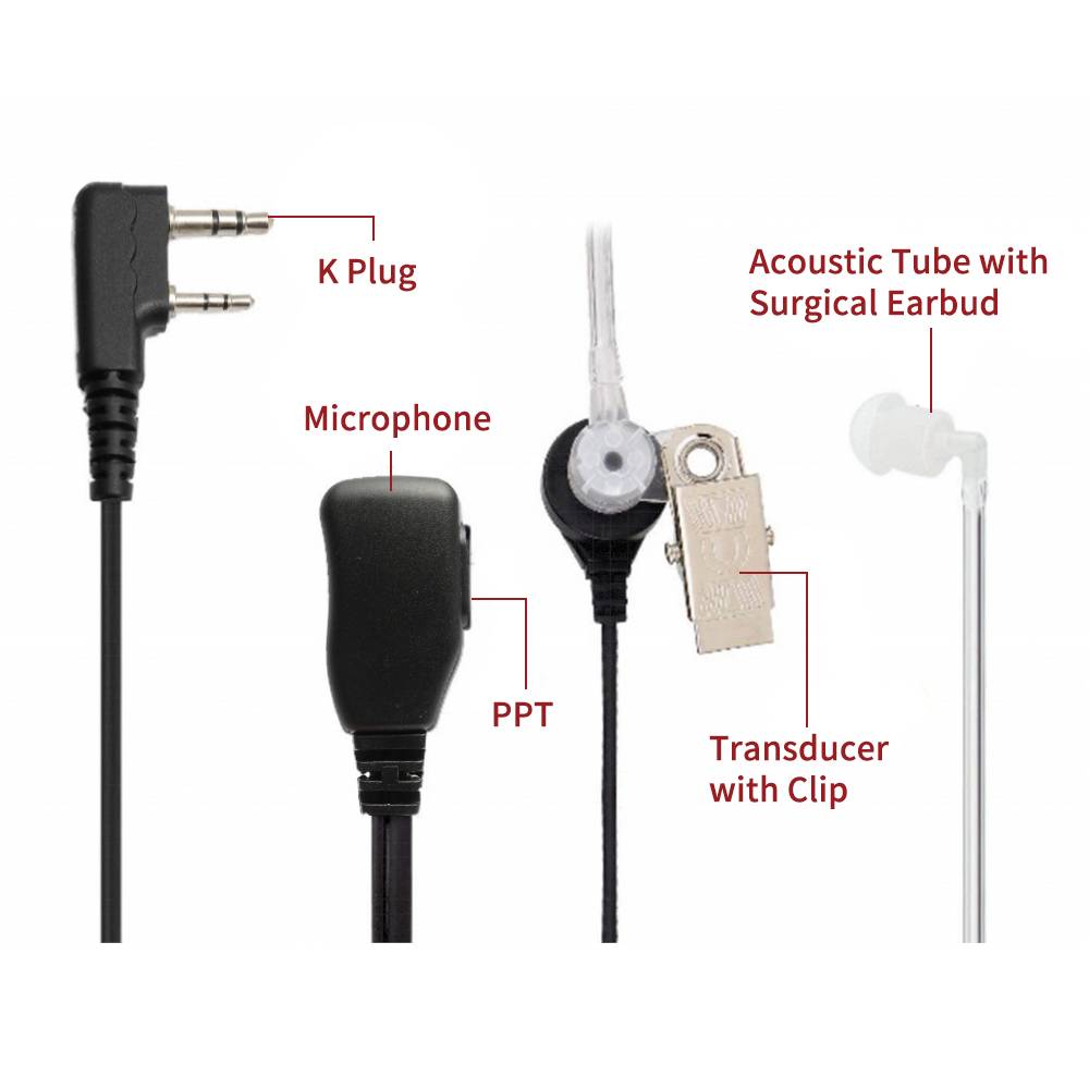 Radioddity 2-Pin Covert Acoustic Tube Earpiece Headset | PTT MIC | K Plug - Radioddity